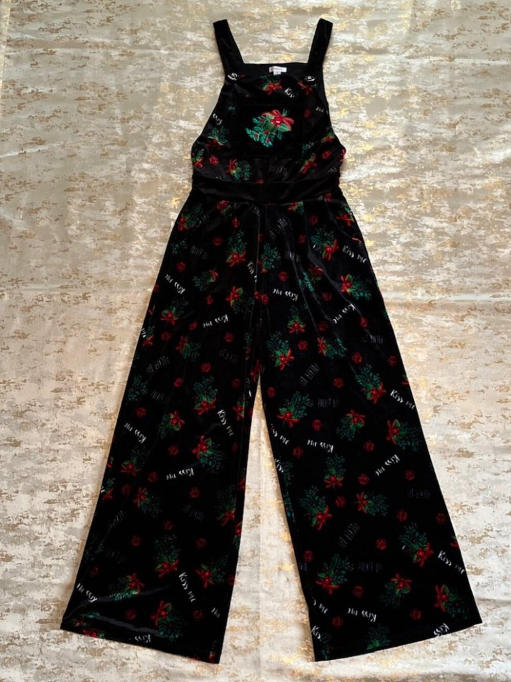 xhilaration Christmas Jumpsuit Women SMALL Black Wide Leg Mistletoe "Kiss Me"